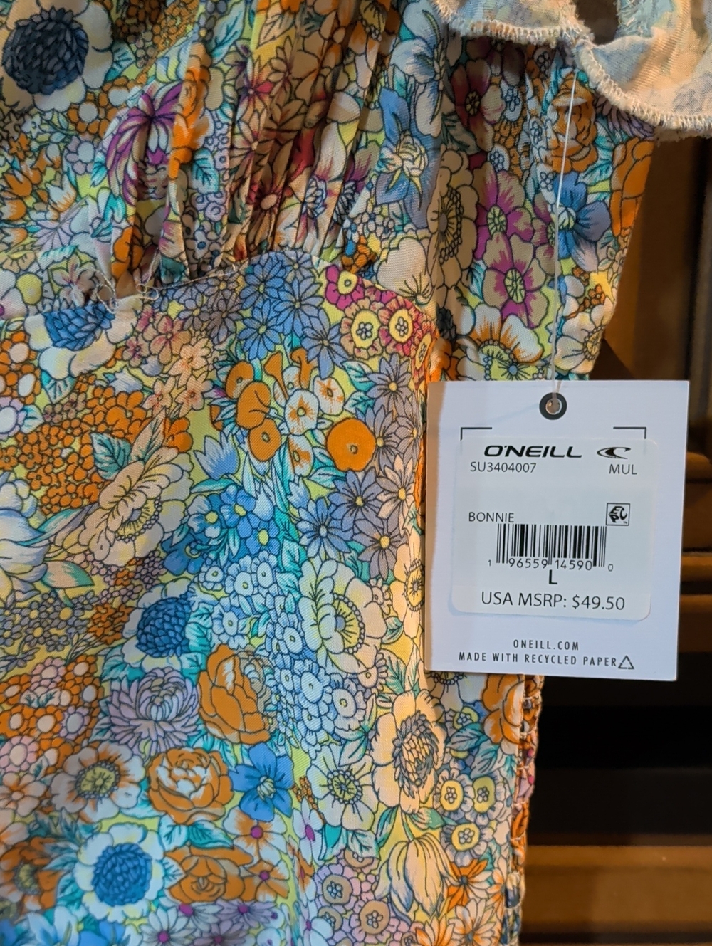 O'Neill Floral V-Neck Ruffle Sleeve Blouse - Blue, Orange, White - Picture 2 of 4